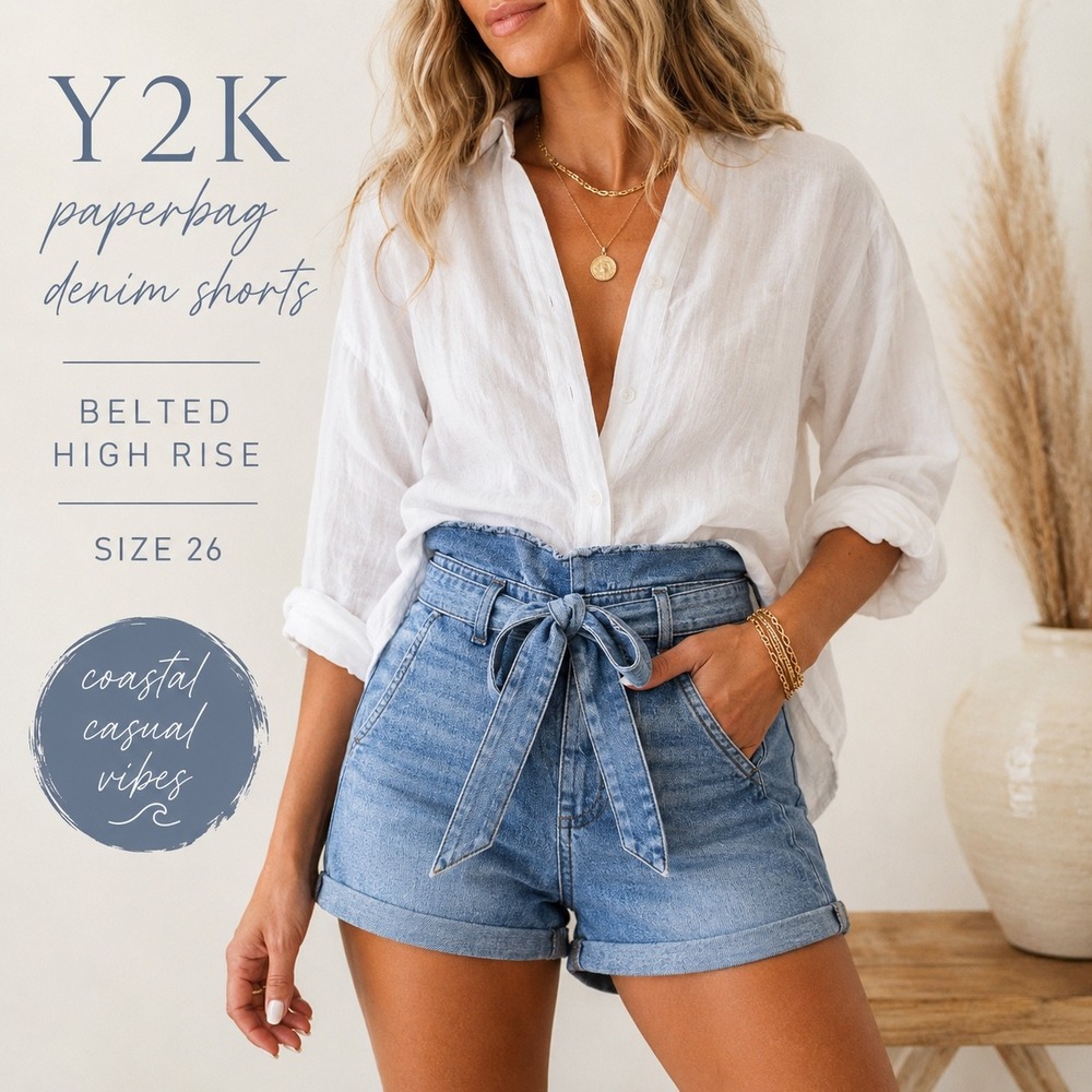 7 For All Mankind Denim Shorts Paperbag Belted 26 Blue Womens High Rise Y2K Boho